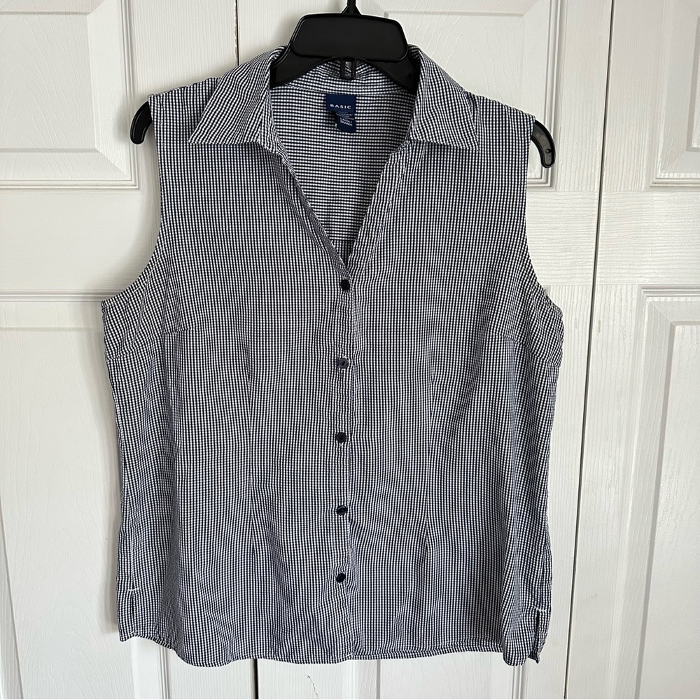Basic Editions Gingham Plaid Blue Sleeveless Button Up Top Womens Sz L Farmcore